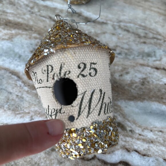 Set Of 8 Miniature Decorative Glitter Birdhouse Ornaments Printed Fabric - Picture 4 of 10